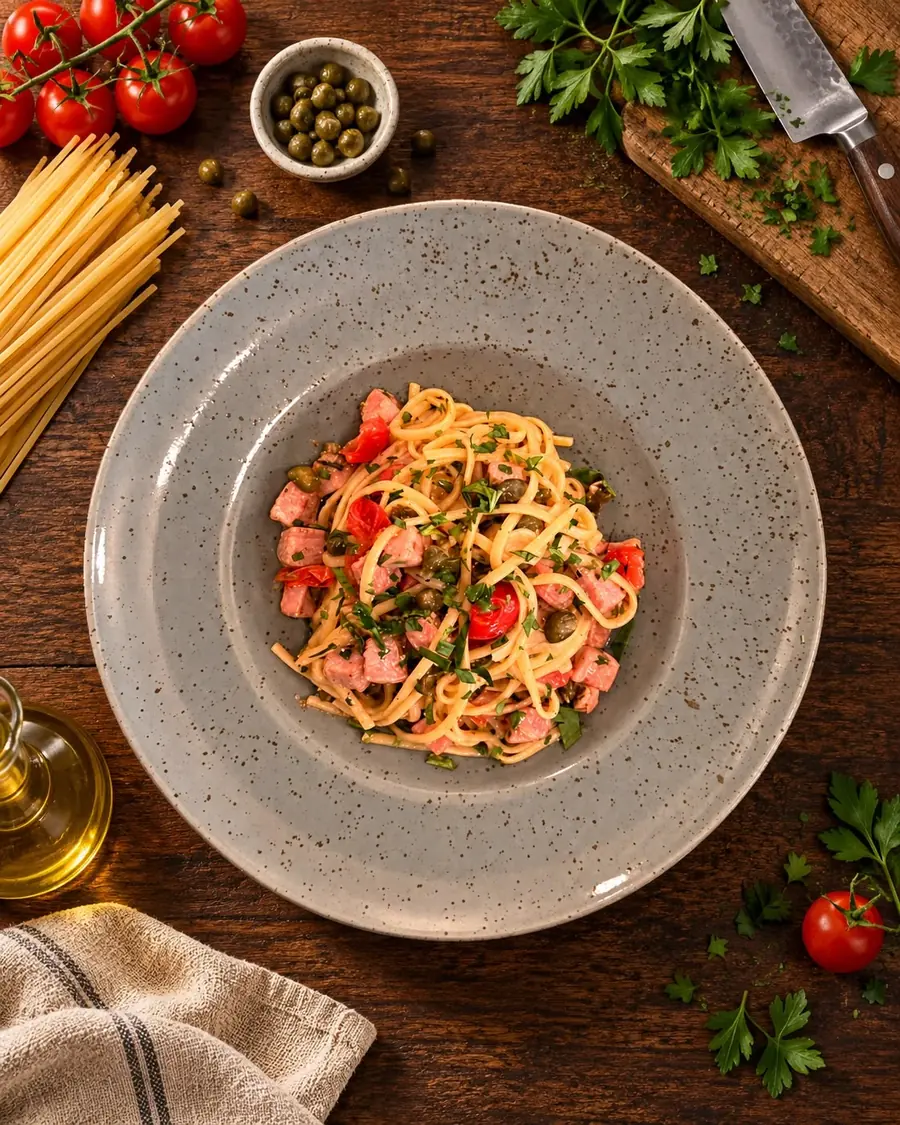 Linguine con tonno alla griglia, pomodorini, capperi e limone